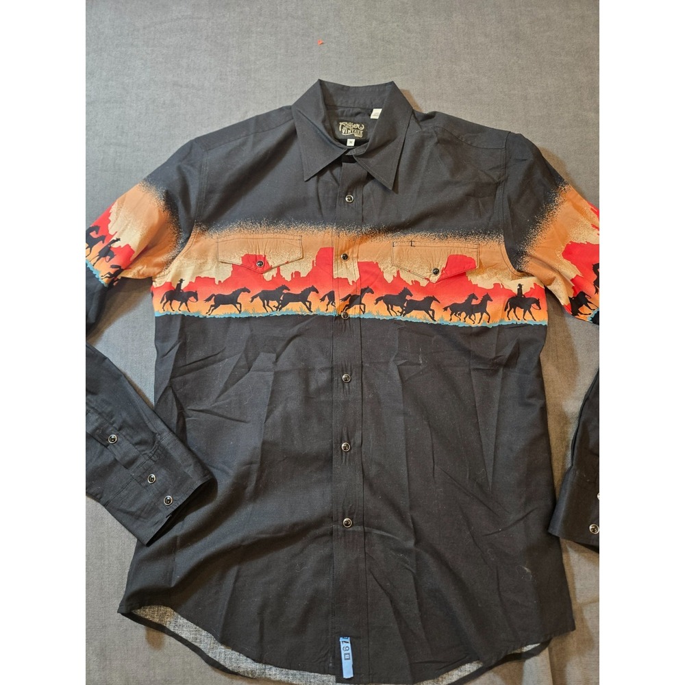 Vintage Roper Pearl Snap Shirt Mens M Western Cowboy Graphic Print Black Orange